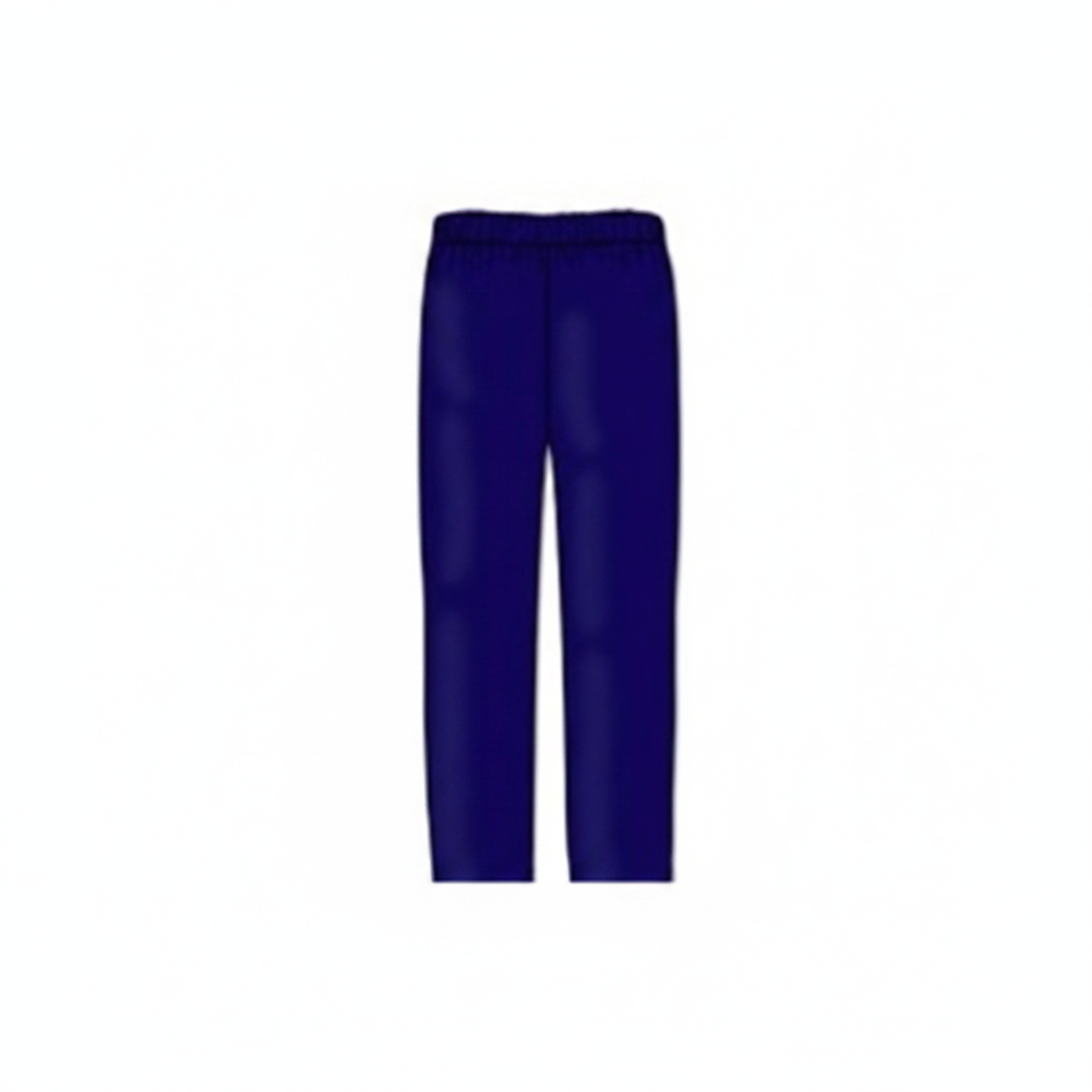 Navy blue track pants on a website with size selection options.