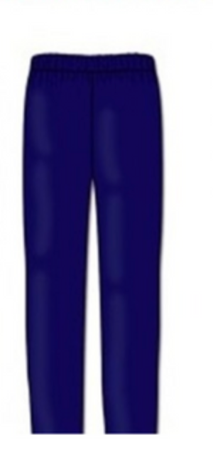 Navy blue track pants on a website with size selection options.